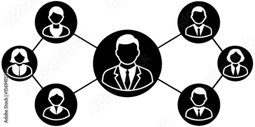 Vector  network of people connected to a central figure in black and white illustration with connecting lines