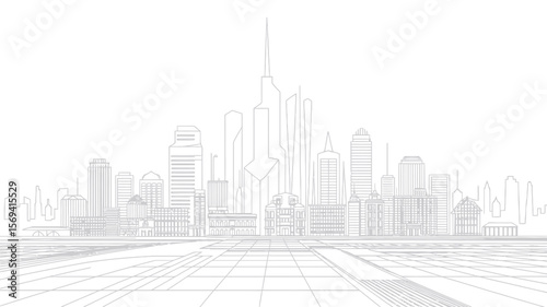 Cityscape line drawing with various buildings and a grid pattern in the foreground in a white background