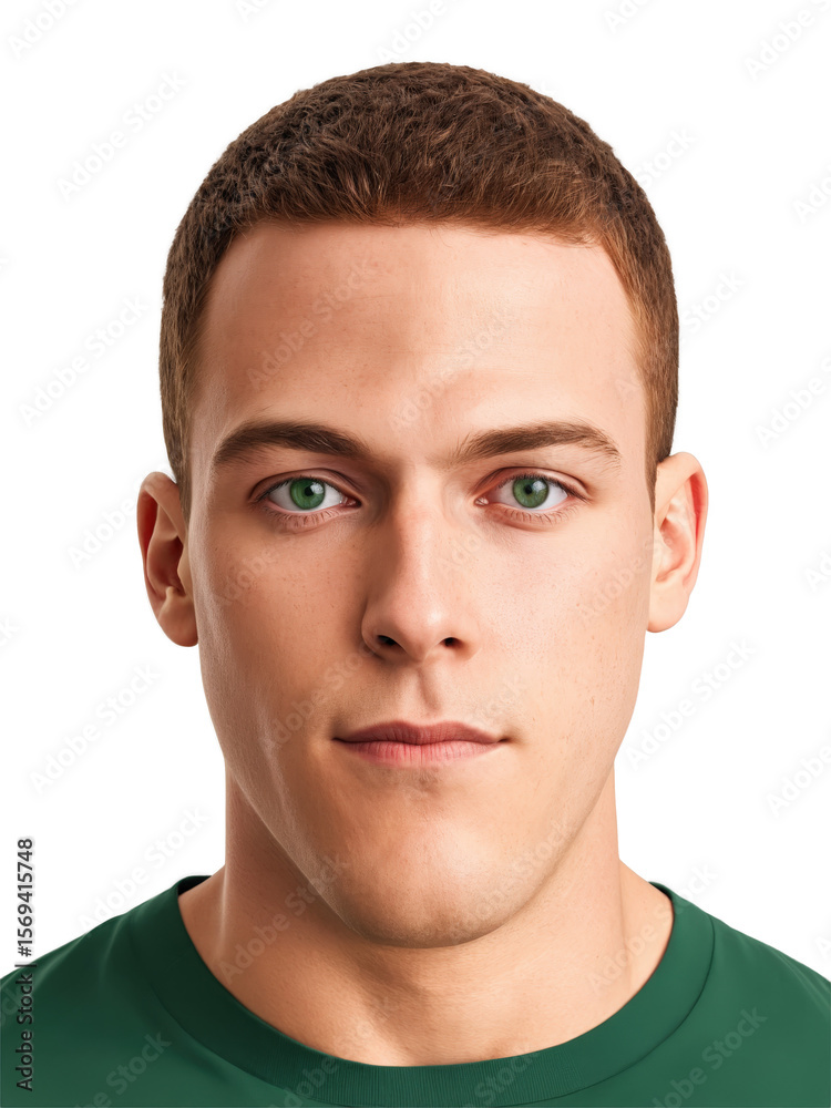 Fototapeta premium A Mixed race young adult man with red short hair, green eyes, wearing modern, showing calmness with a peaceful expression,