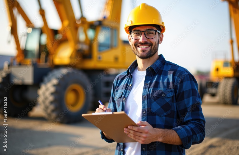 Fototapeta premium Construction engineer wearing a yellow helmet and glasses at a construction site with heavy machinery