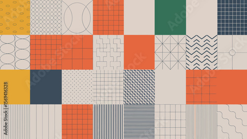 An array of square tiles featuring geometric patterns and solid colors in a grid arrangement format