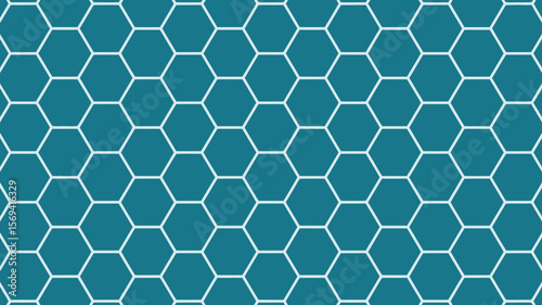 A teal background filled with a repeating pattern of white outlined hexagons in a geometric design