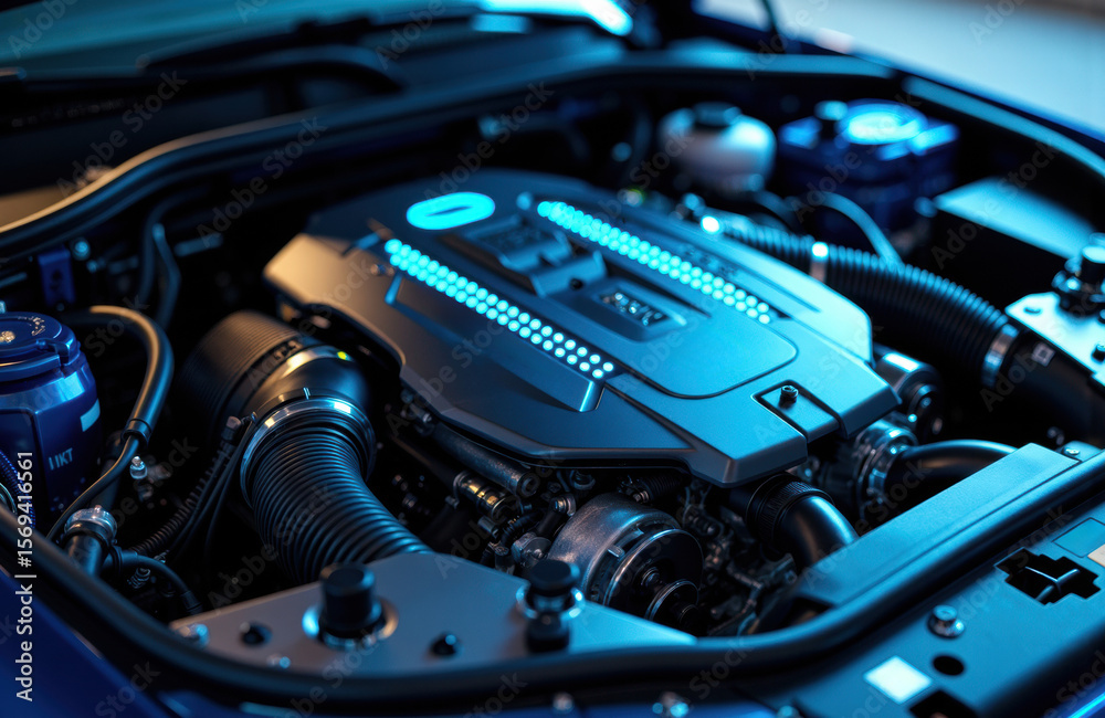 Obraz premium Close-up of a modern car engine with illuminated digital display and mechanical components