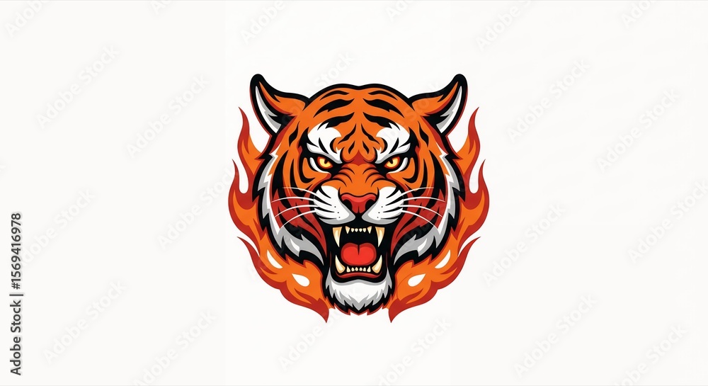 Obraz premium Fierce Tiger Head with Fire Flames Vector Illustration