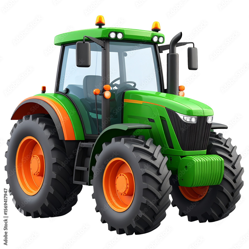 Obraz premium Green Tractor on Duty: A vibrant green tractor, expertly designed for farm work, stands ready to tackle the fields, embodying power and agricultural prowess.