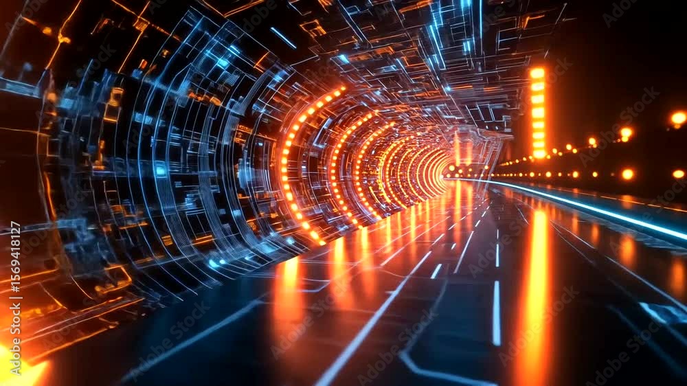 Abstract futuristic tunnel with neon lights, technological and science fiction background