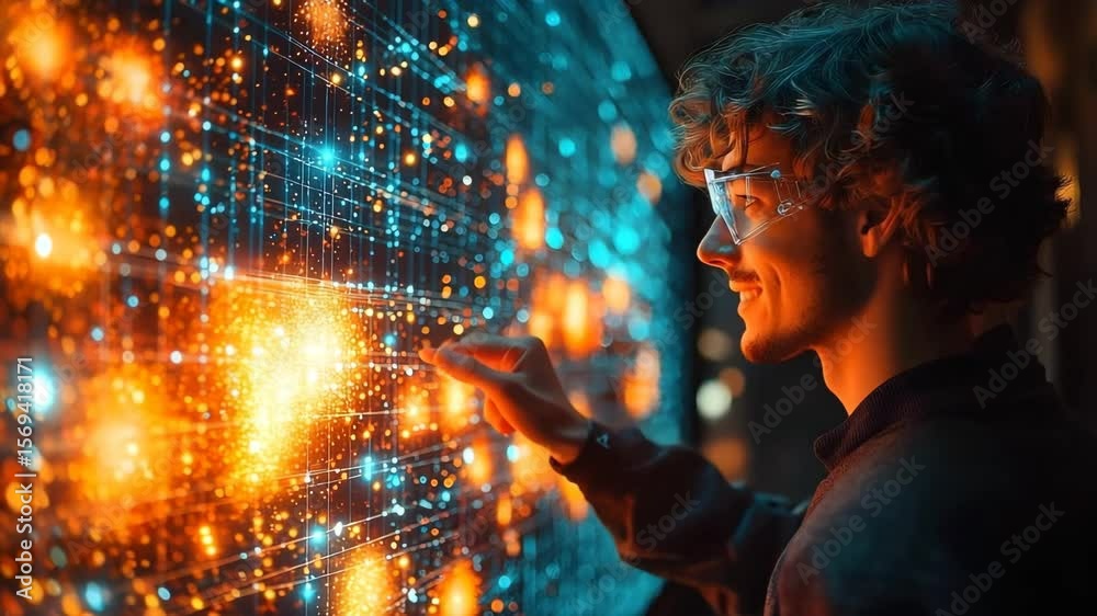 Researcher manipulating vibrant quantum particles in a surreal digital realm