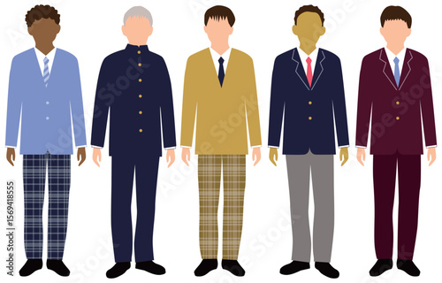 いろんな国の男子学生たち制服正面全身アイコンセット5人_表情無