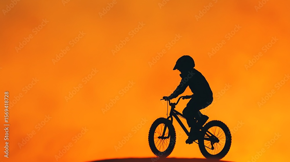 Fototapeta premium Silhouette Cyclist Riding Bicycle Against Orange Sky