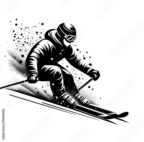 Dynamic Skiing Action on Snow Slope – Black and White Vector Illustration