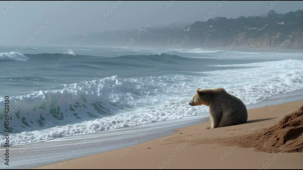 A Grizzly's Coastal Contemplation: A lone grizzly bear finds solace by the sea, its fur glistening in the sun as it gazes towards the horizon.