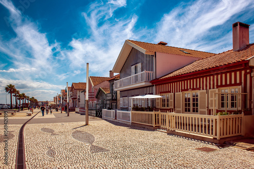 Costa Nova, Aveiro, Portugal: colorful striped houses called Palheiros at street