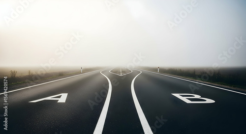 Foggy road, two paths diverge, choices A and B