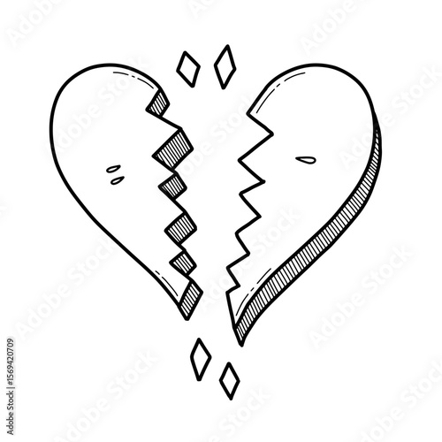 Broken heart vector illustration. Line drawing cartoon broken heart. Hand drawn shattered heart doodle art