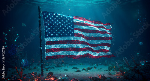 American flag submerged in deep blue ocean