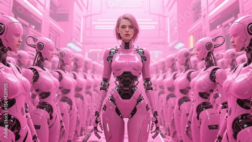 In a futuristic pink world, a humanoid robot stands out among its identical counterparts in a science fiction scene with glowing neon lights and advanced technology .