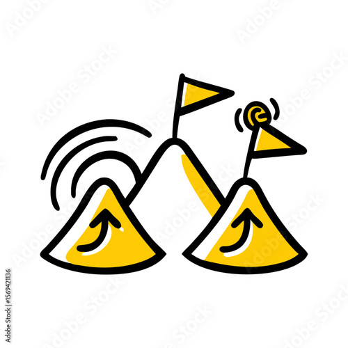 Abstract yellow mountains with flags representing goals and achievements  