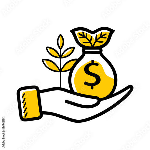 Hand holding a money bag with leaves symbolizing growth and investment  