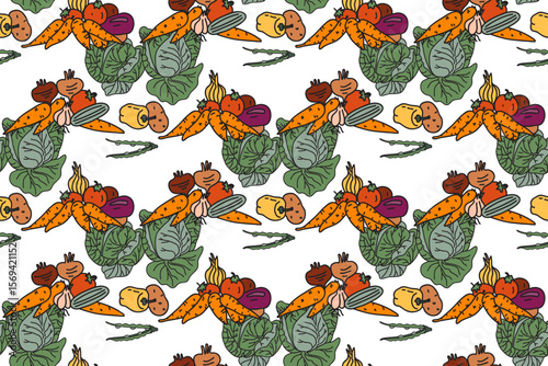 Botanical colorful vegetables seamless pattern vector illustration. Repeating cartoon different veggies with Cabbage Carrot Peas Pepper Onion Tomato in white background. Graphic design for Cover Card