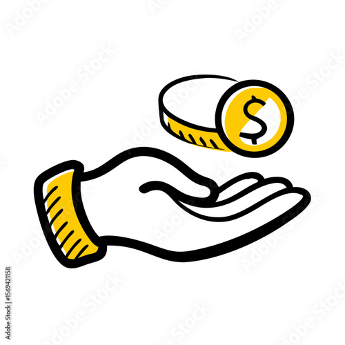 Hand offering dollar coin in simple graphic style  