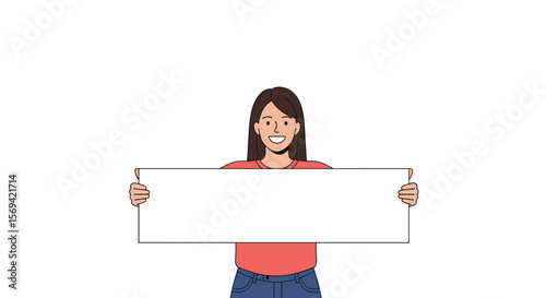 Happy woman holds a blank sign for your message presentation idea
