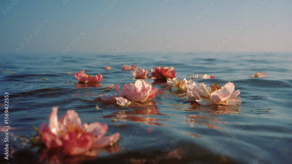 Obraz premium Pink White Lotus Flowers Floating On Calm Blue Water Surface Under Peaceful Sky Creating Meditative