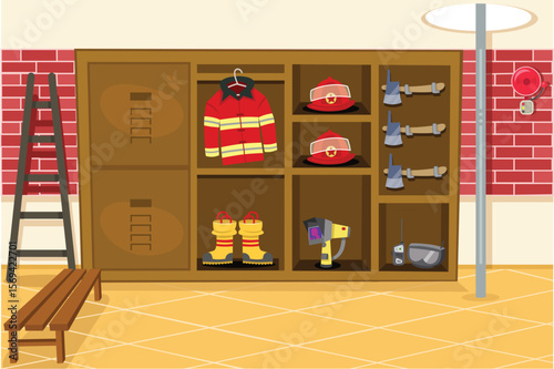 Fire Station Gear Room Vector Illustration