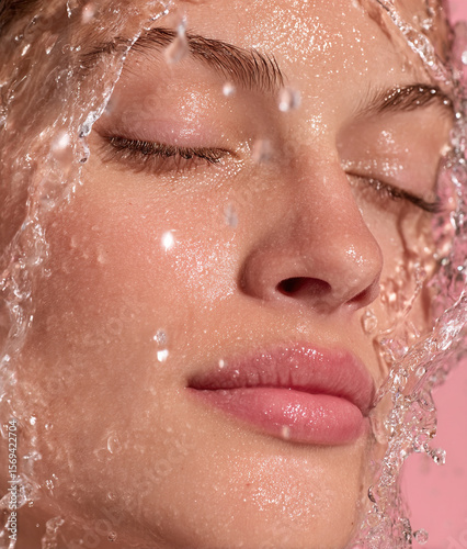 Portrait of a young beautiful woman with water splashes