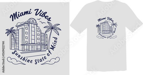 Miami Vibes "Sunshine State of Mind" Design with Art Deco Hotel and Palm Trees