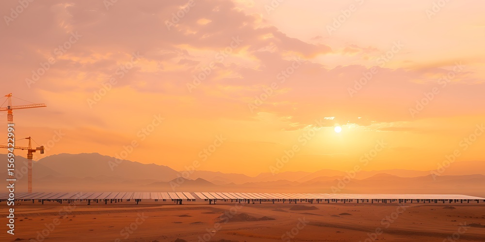 Naklejka premium Solar Farm Construction at Sunset in Desert