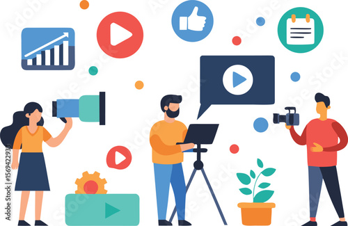 People creating video content with cameras and laptops video production content creation