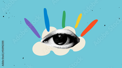 Canvas-taulu Collage featuring an eye inside a cream-colored cloud with rainbow sunbeams, symbolizing clarity, truth, and LGBTQ pride