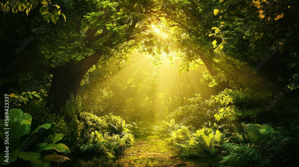 Obraz premium Sunlight Shining Through Forest Trees