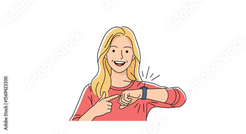 Young woman excitedly points to her smartwatch showing the time health tracking and notifications on her wrist