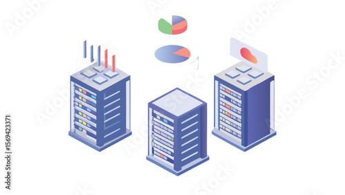 Isometric illustration of three server racks with charts and cloud icons displayed above them