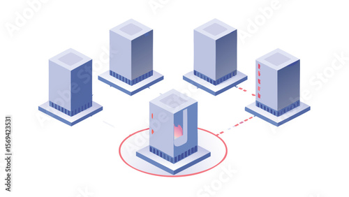 Isometric illustration of five server towers connected with dotted red lines on white background