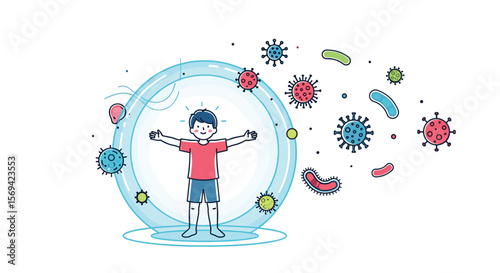 A child protected inside a bubble shield from germs viruses bacteria and illness causing microbes