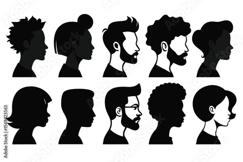 Diverse people profile silhouettes reveal various hairstyles against a bright white background