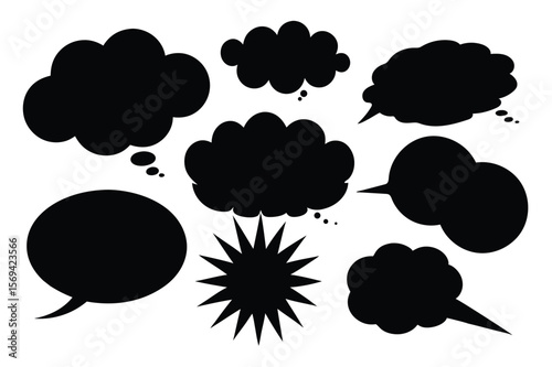 Various speech bubble shapes are presented in stark black against a transparent white background