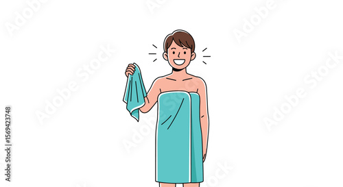 Young person holding a towel and wrapped in a towel after a shower