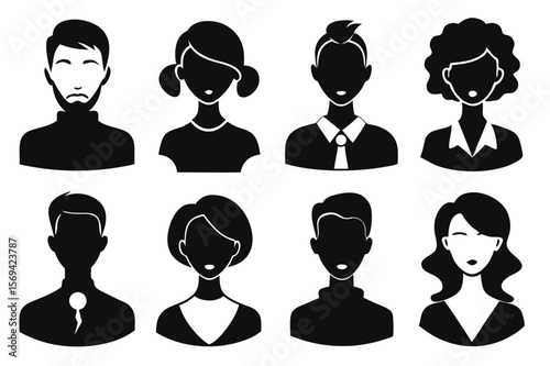 Eight stylized monochrome people show diverse hairstyles and outfits in cutout form