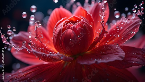 Close up red flower with water drops floral beauty nature photography botanical bloom dew