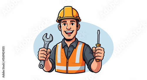 Cartoon Construction Worker Holding Wrench and Screwdriver, Wearing Hard Hat