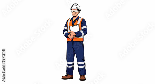 Cartoon Engineer Standing, Holding Clipboard, Wearing Safety Gear, Smiling.