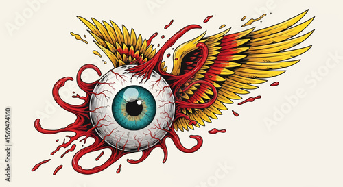 Bleeding Eye with Golden Wings Tattoo Design