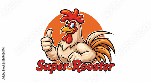 Cartoon Rooster Mascot with Thumbs Up and Orange Background Circle