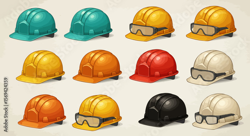 Collection of Colorful Hard Hats with and without Safety Glasses, Various Styles and Colors