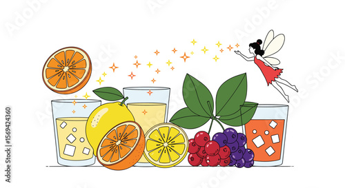 Whimsical fairy conjures delicious homemade fruit preserves bursting with natural sweetness