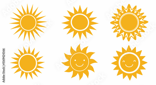 Collection of Six Yellow Sun Icons with Varying Styles and Expressions