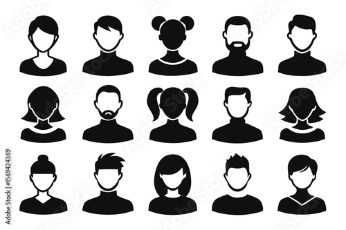 Black silhouette avatars reveal diverse hairstyles and fashion choices on a transparent background